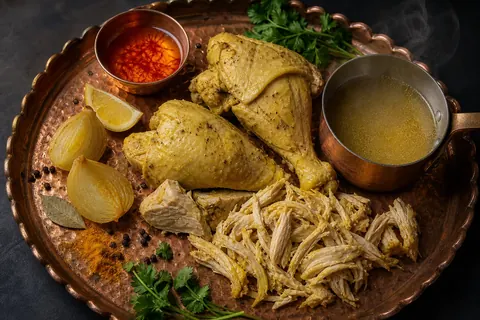 مرغ آب‌پز و مزه‌دار شده با زعفران، زردچوبه و پیاز برای غذاهای ایرانی روی سینی مسی