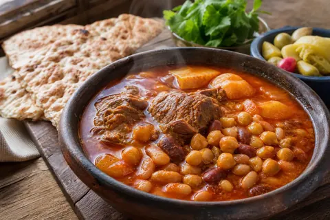 آبگوشت سنتی با نخود و لوبیای کاملاً پخته