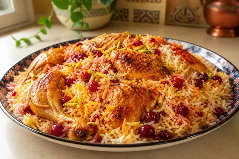 آلبالوپلو با مرغ و رنگ طبیعی