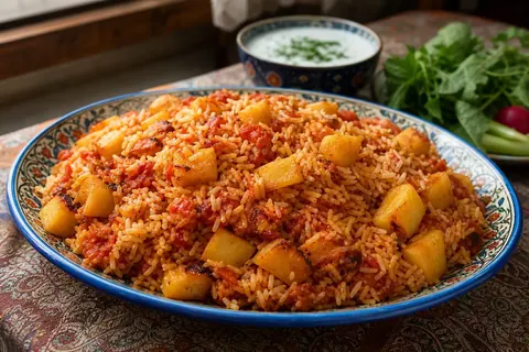استانبولی‌پلو با سیب‌زمینی و گوجه تازه