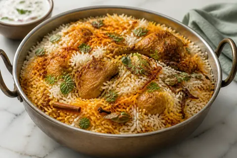 بریانی هندی خانگی با مرغ و دم‌گذاری لایه‌ای