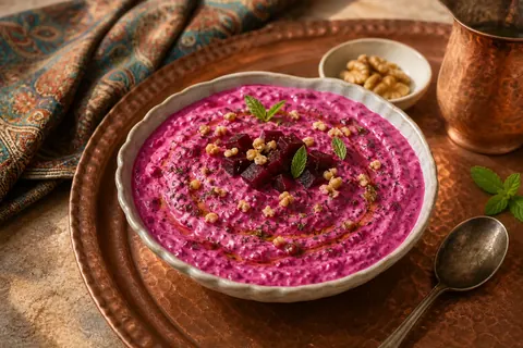 بورانی لبو با رنگ طبیعی و طعم ملایم در کاسه روی سینی مسی