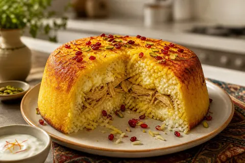 ته‌چین مرغ قالبی با ماست و زعفران