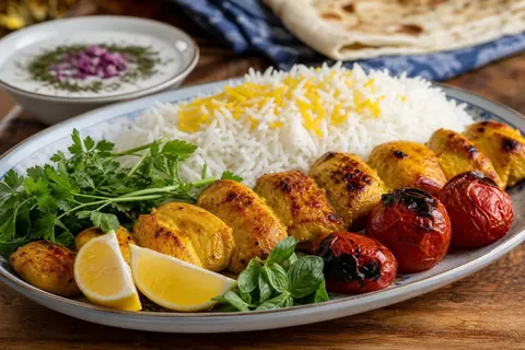 جوجه کباب زعفرانی سرو شده با برنج و گوجه کبابی