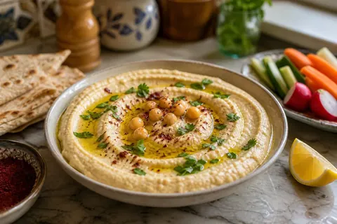حمص نخود با ارده، سرو شده با روغن زیتون و سبزیجات
