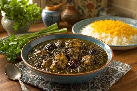 خورش آلو اسفناج با مرغ یا گوشت، سرو شده با برنج زعفرانی در آشپزخانه ایرانی