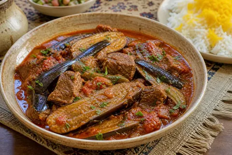 خورش بادمجان کم‌روغن با گوشت در ظرف سرو ایرانی