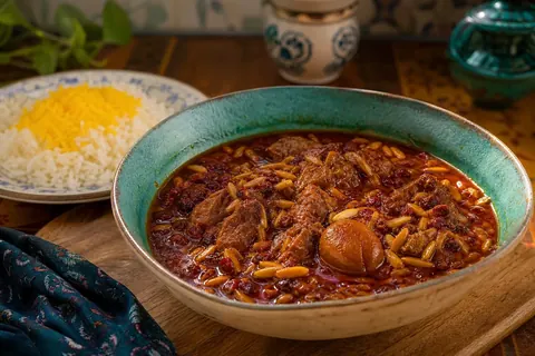 خورش خلال کرمانشاهی خانگی با برنج زعفرانی