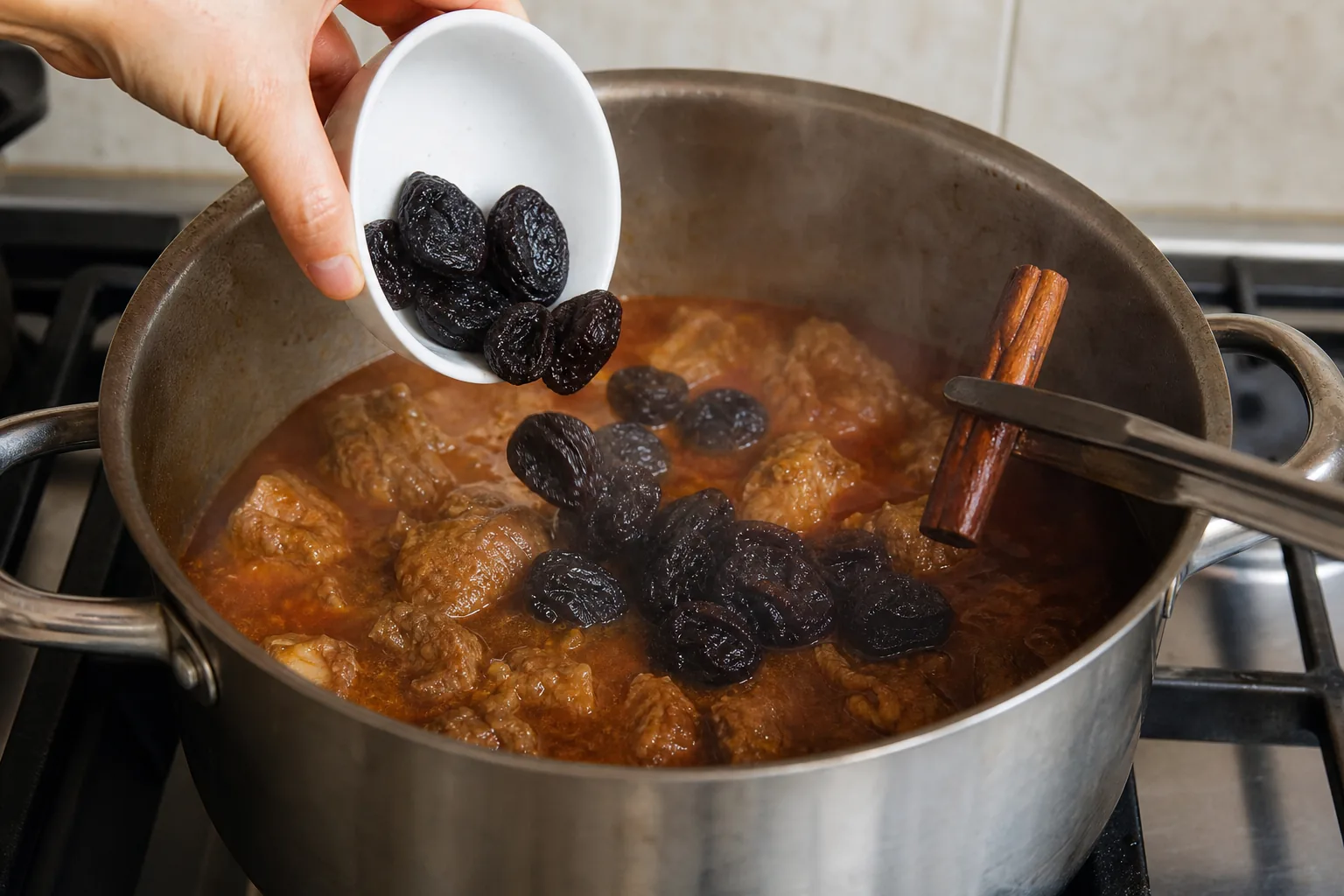 آلو را وقتی گوشت نرم شد اضافه کنید