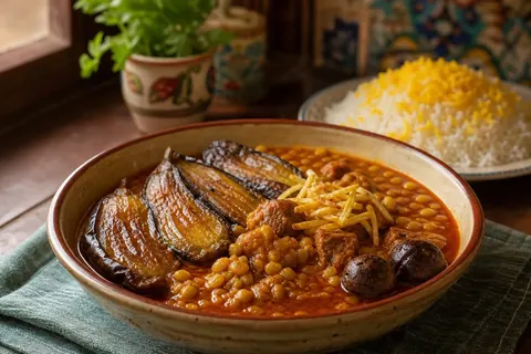 خورش قیمه بادمجان جاافتاده با بادمجان سرخ‌شده و برنج زعفرانی