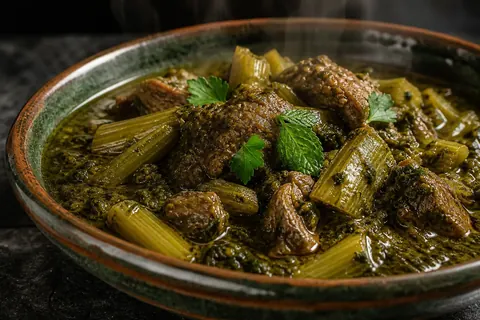 خورش کرفس خوش‌عطر با سبزی تازه در ظرف سرامیکی با سبزی تازه