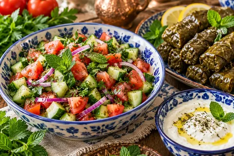 سالاد کنار دلمه برگ مو؛ خنک و کم‌ترش