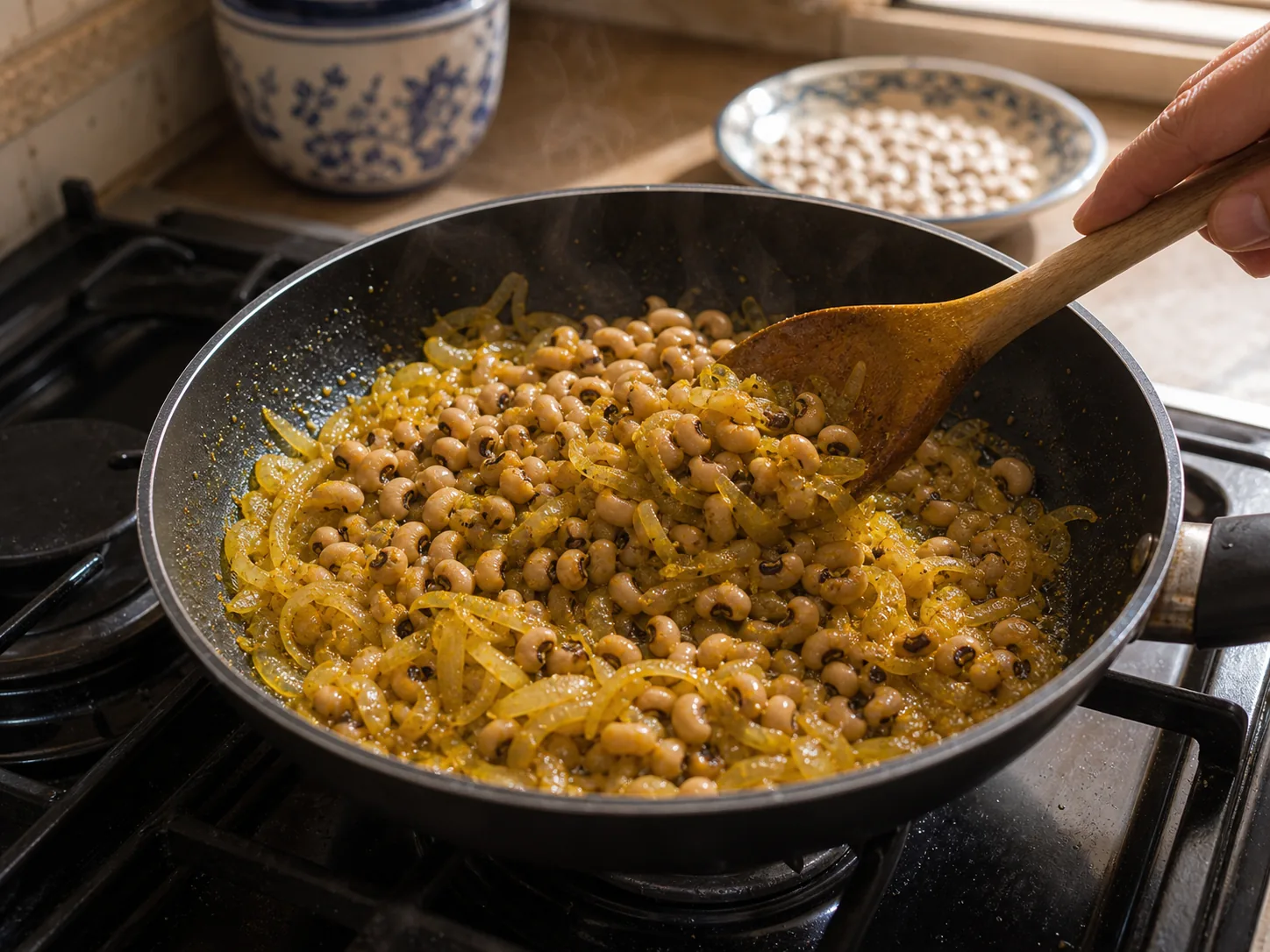 پیاز و ادویه را کوتاه تفت دهید