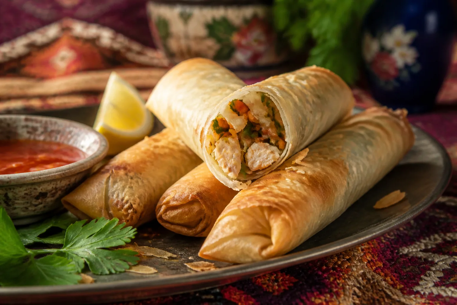 اسپرینگ رول خانگی با خمیر یوفکا روی سفره ایرانی