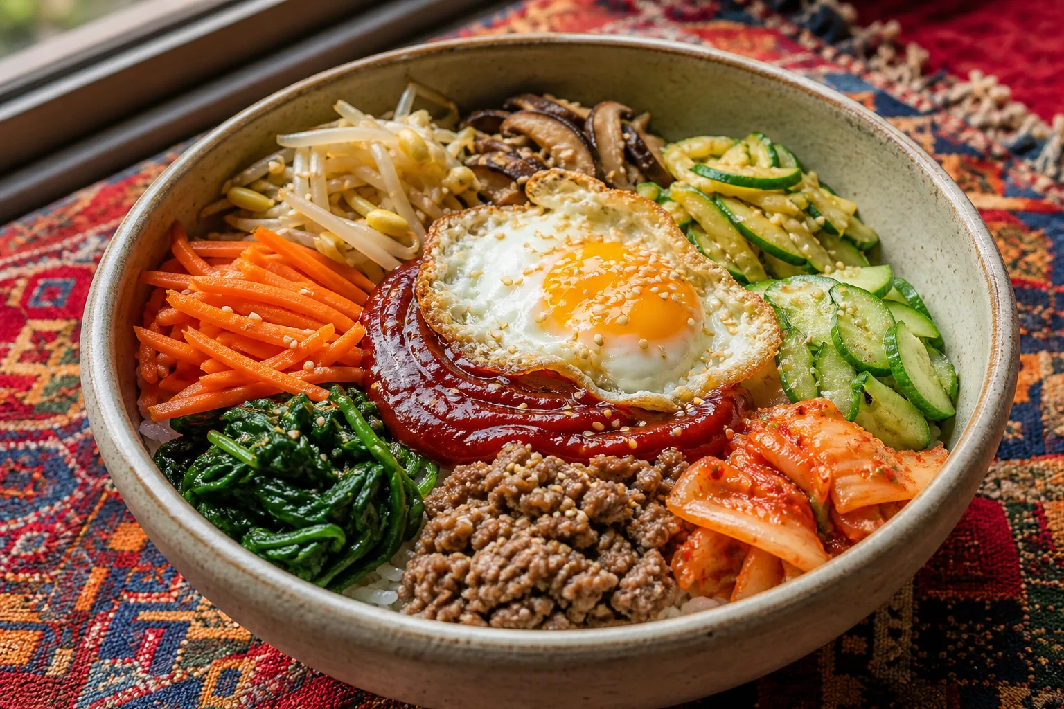 بیبیمباپ خانگی با سس گوچوجانگ، سبزیجات رنگی، تخم مرغ و گوشت روی برنج