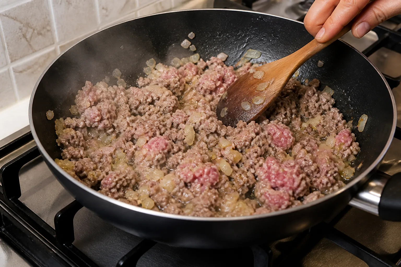 تفت‌دادن پیاز و گوشت