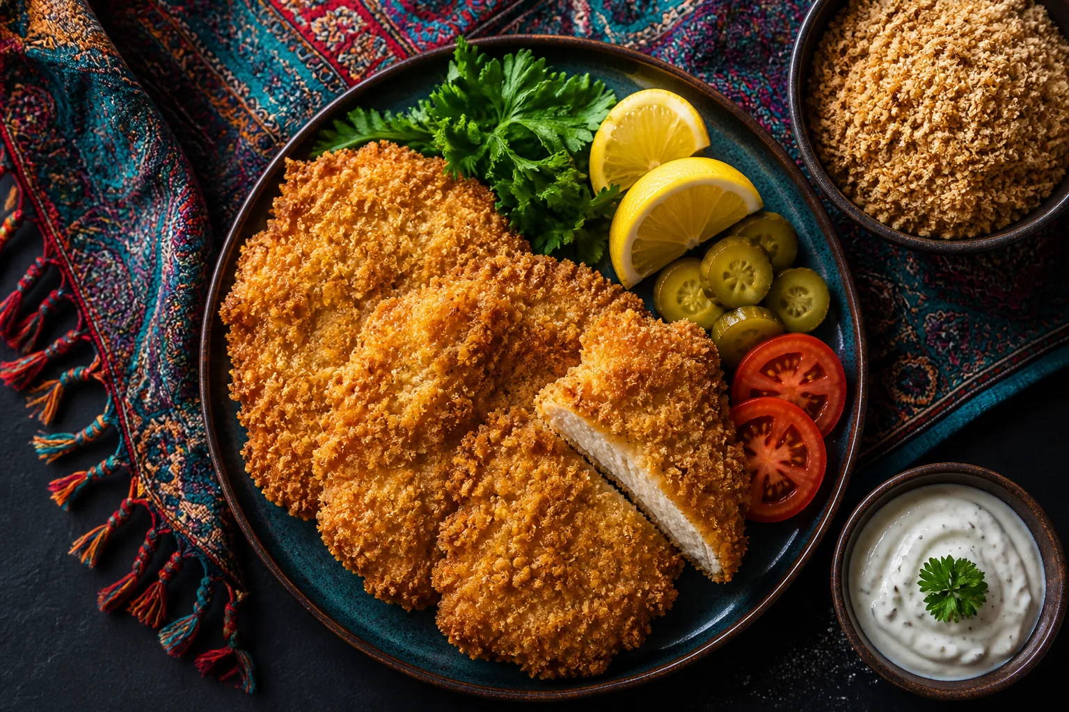 شنیسل مرغ پفکی و ترد با سوخاری خانگی روی سفره ایرانی
