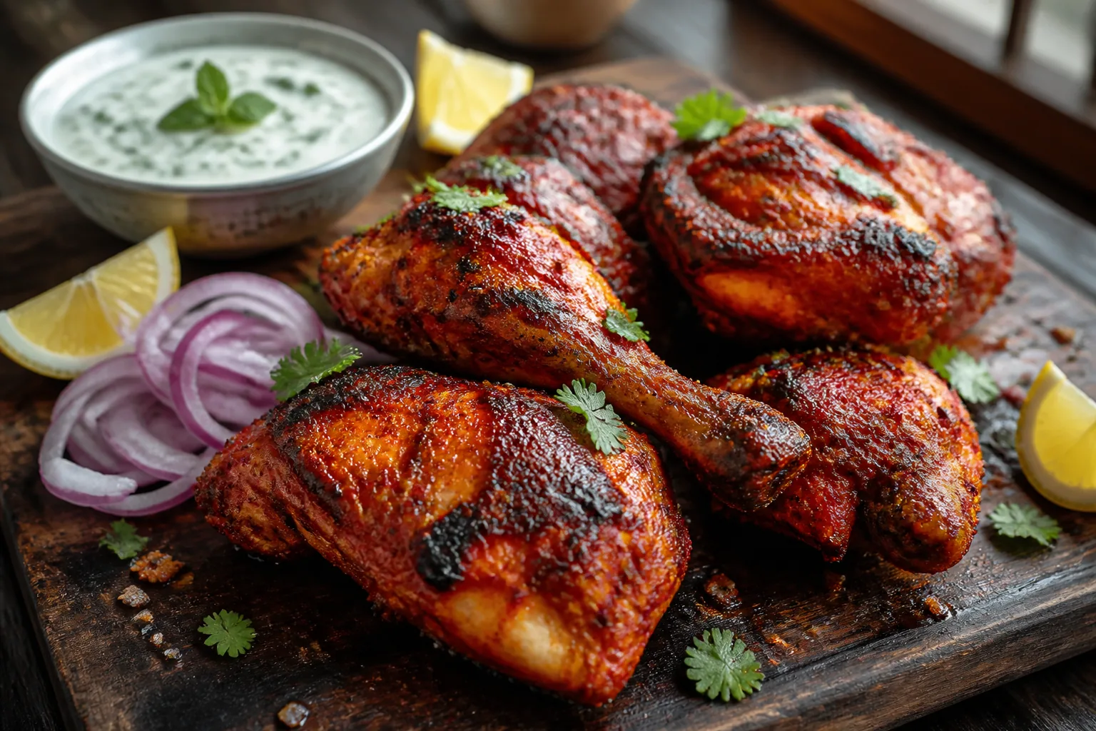 مرغ تندوری خانگی بدون تنور روی تخته چوبی