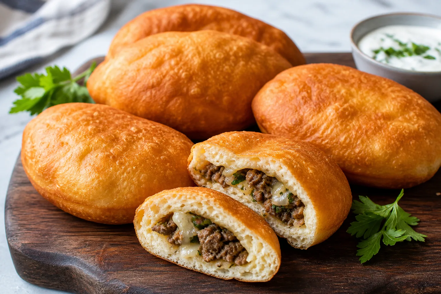 پیراشکی خانگی نرم و پفکی با مغز گوشت و سبزی روی تخته چوبی