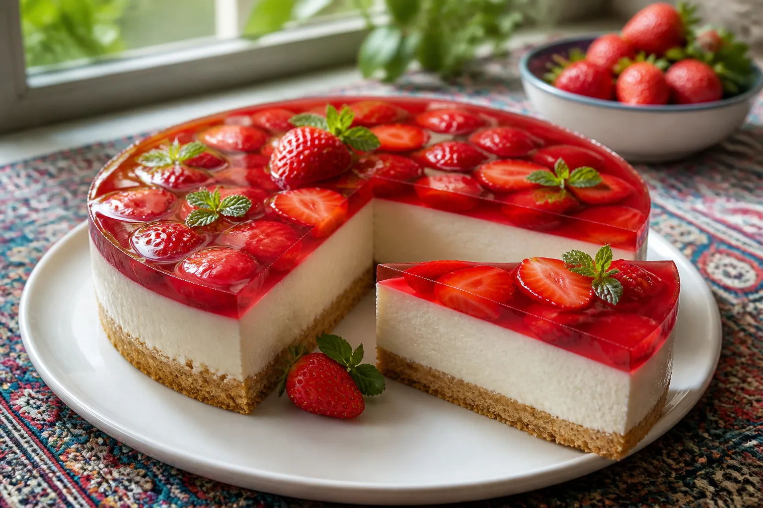 چیزکیک یخچالی با ژلاتین و لایه ژله‌ای توت‌فرنگی