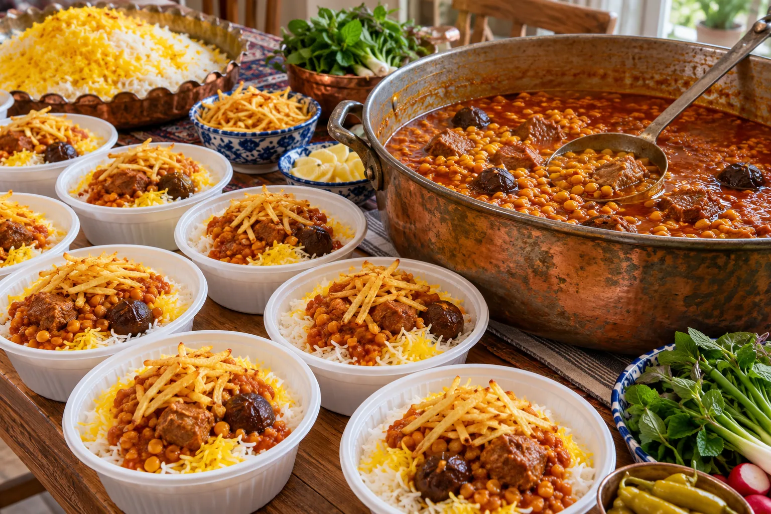 قیمه نذری برای ۵۰ نفر؛ اندازهٔ مواد و نکات دیگ بزرگ