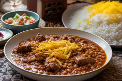 قیمه نذری خانگی با لپه نرم و خلال ترد