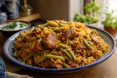 لوبیاپلو با گوشت و لوبیای سبز خوش‌رنگ