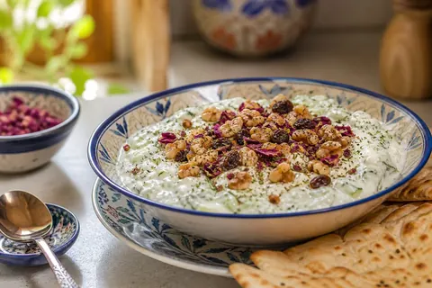 ماست و خیار مجلسی با گردو و کشمش
