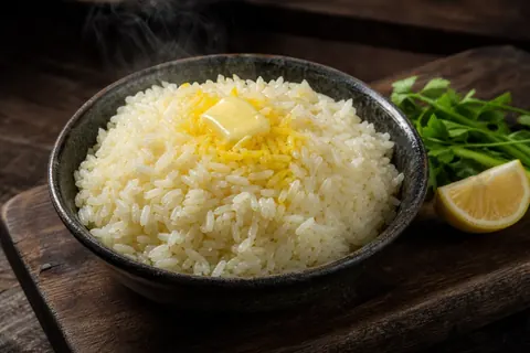 کته ساده و سالم‌تر برای مصرف روزانه روی تخته چوبی تیره