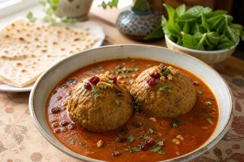 کوفته تبریزی سالم و سرو شده در سس گوجه